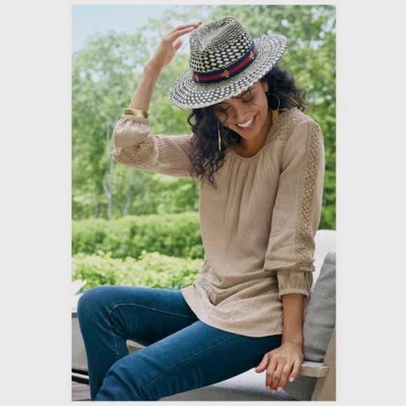 Soft Surroundings Sand Dune Asilah Crochet Lace Peasant Blouse Sz L - Picture 4 of 12